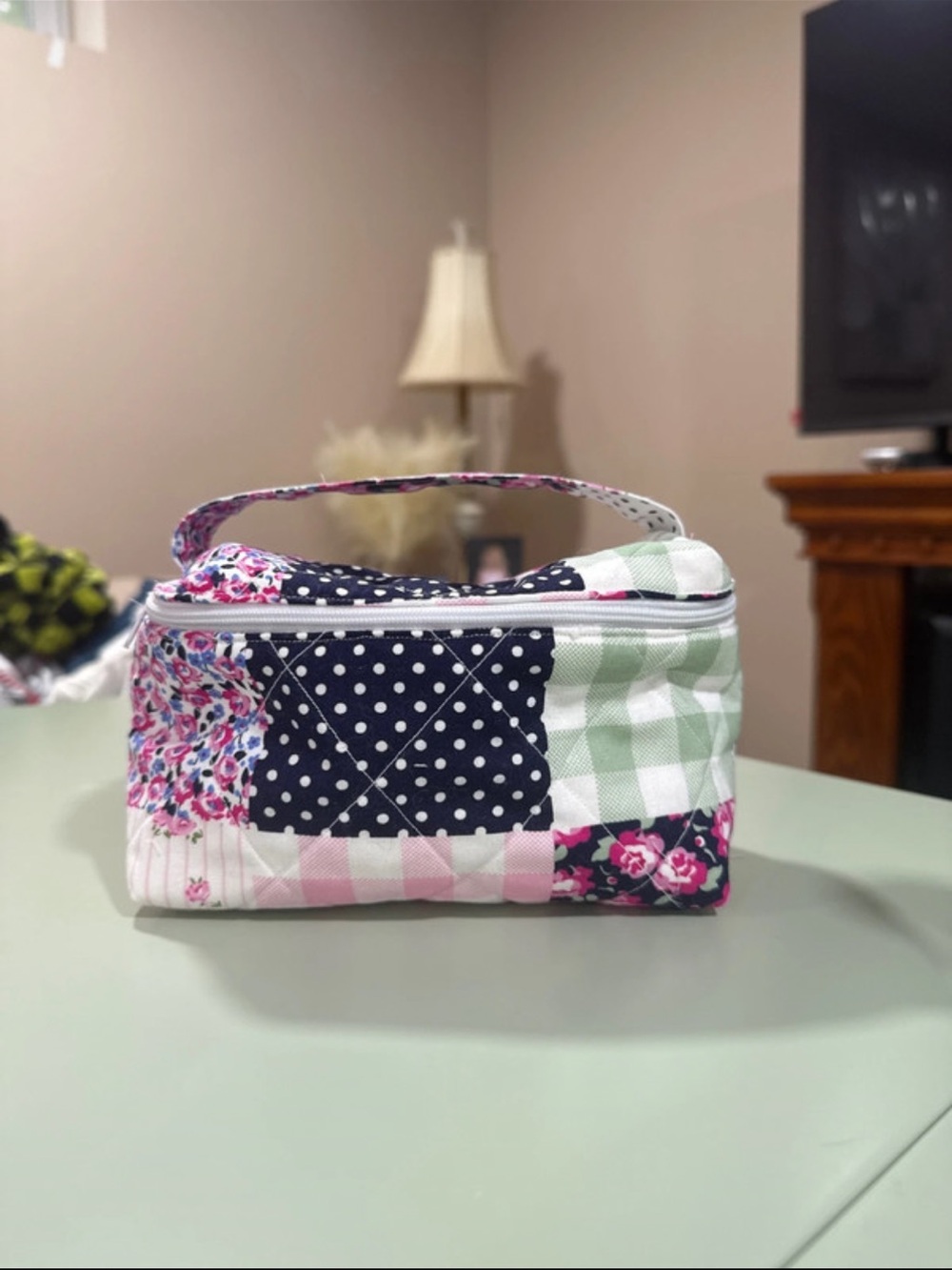Patchwork Quilted Cosmetic Bag - Pink, Navy & Green